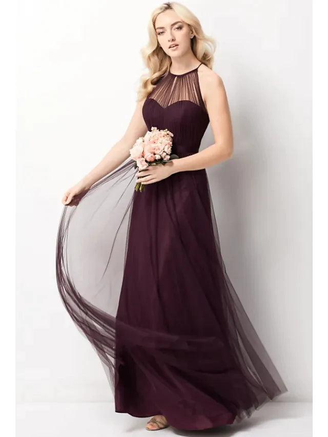 A-Line Halter Neck Floor Length Chiffon Tulle Bridesmaid Dress