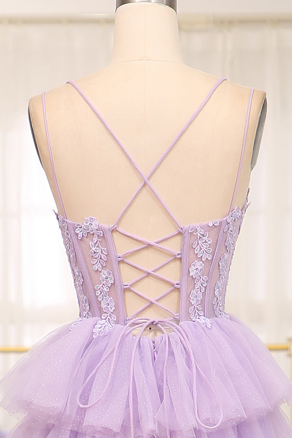Elegant Lilac A Line Tulle Tiered Long Corset Prom Dress With Appliques Beautiful