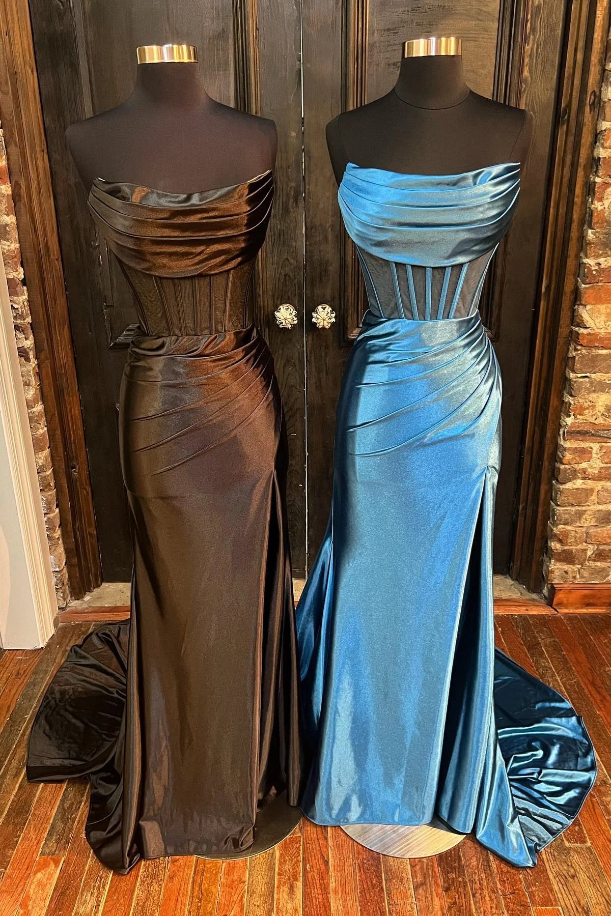 Sheath Mermaid  Strapless Pleated Boning Sheer Satin Long Prom Dress with Slit