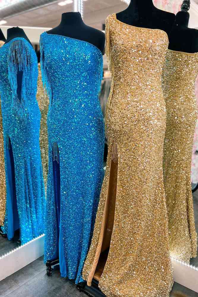Sweep/Brush Train Dresses Sheath Mermaid One Shoulder Shine Sequins Long Prom Dress with Fringe Sleeves
