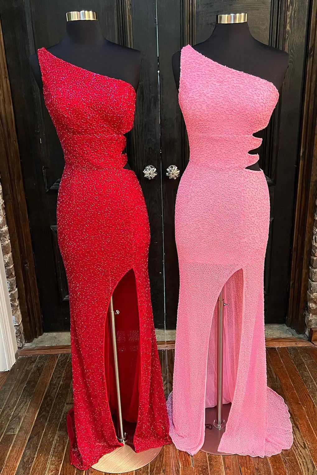 Sheath Mermaid One Shoulder Sweep/Brush Train Dresses Cut-Out Beaded Long Prom Dress with Slit