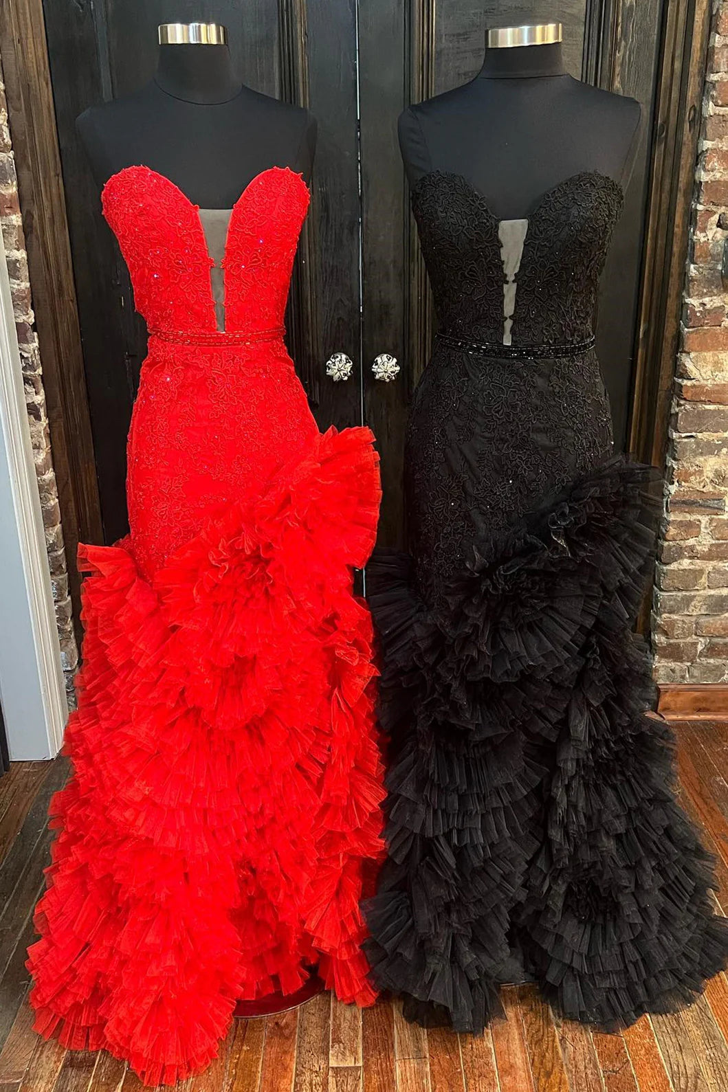 Sheath  Mermaid Strapless Cut-Out Sweep/Brush Train Dresses Back Ruffle Layers Prom Dress