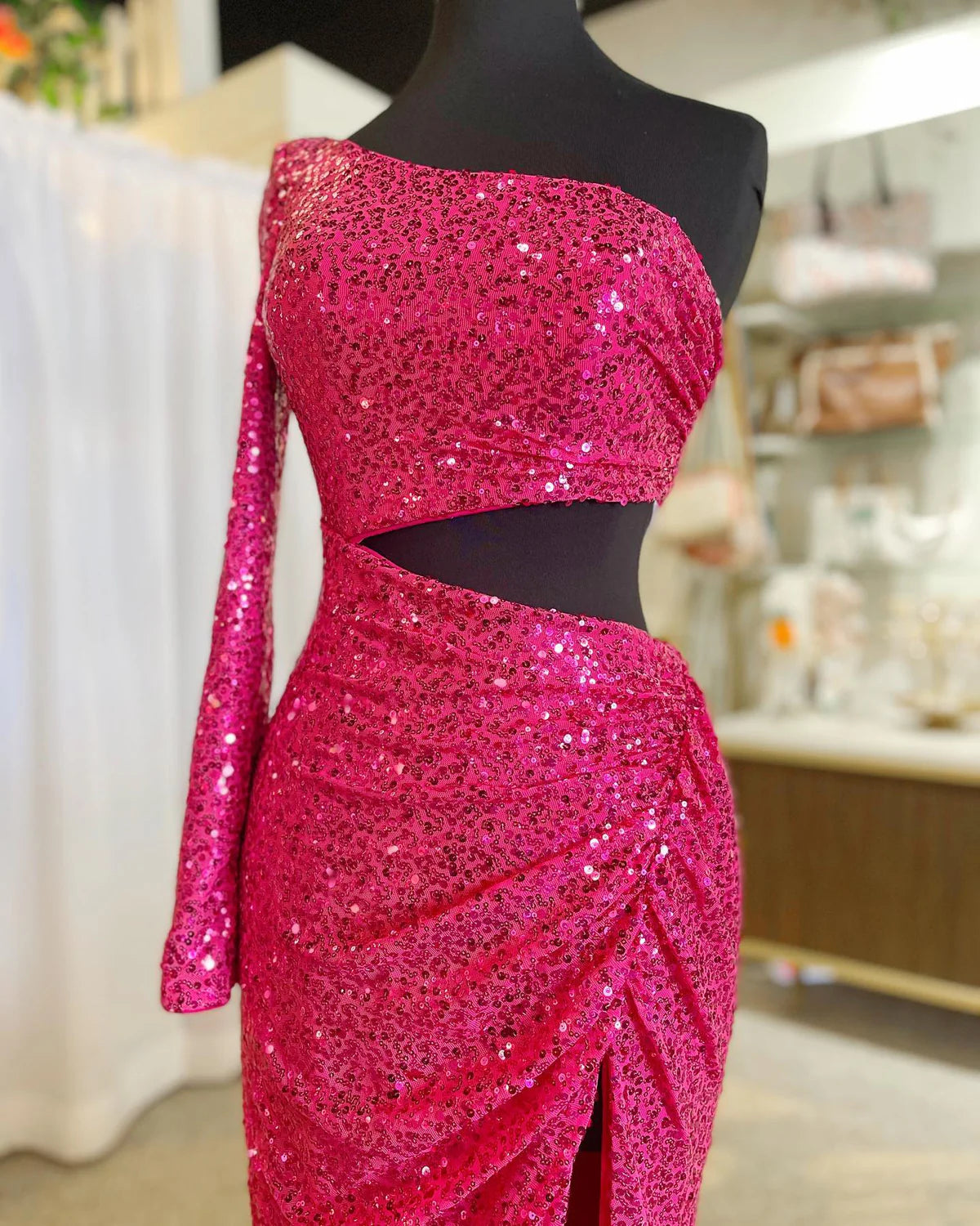 Sheath One Shoulder  Sweep/Brush Train Dresses Cut-Out Pleated Glitter Sparking Sequins Long Prom Dress with Long Sleeve