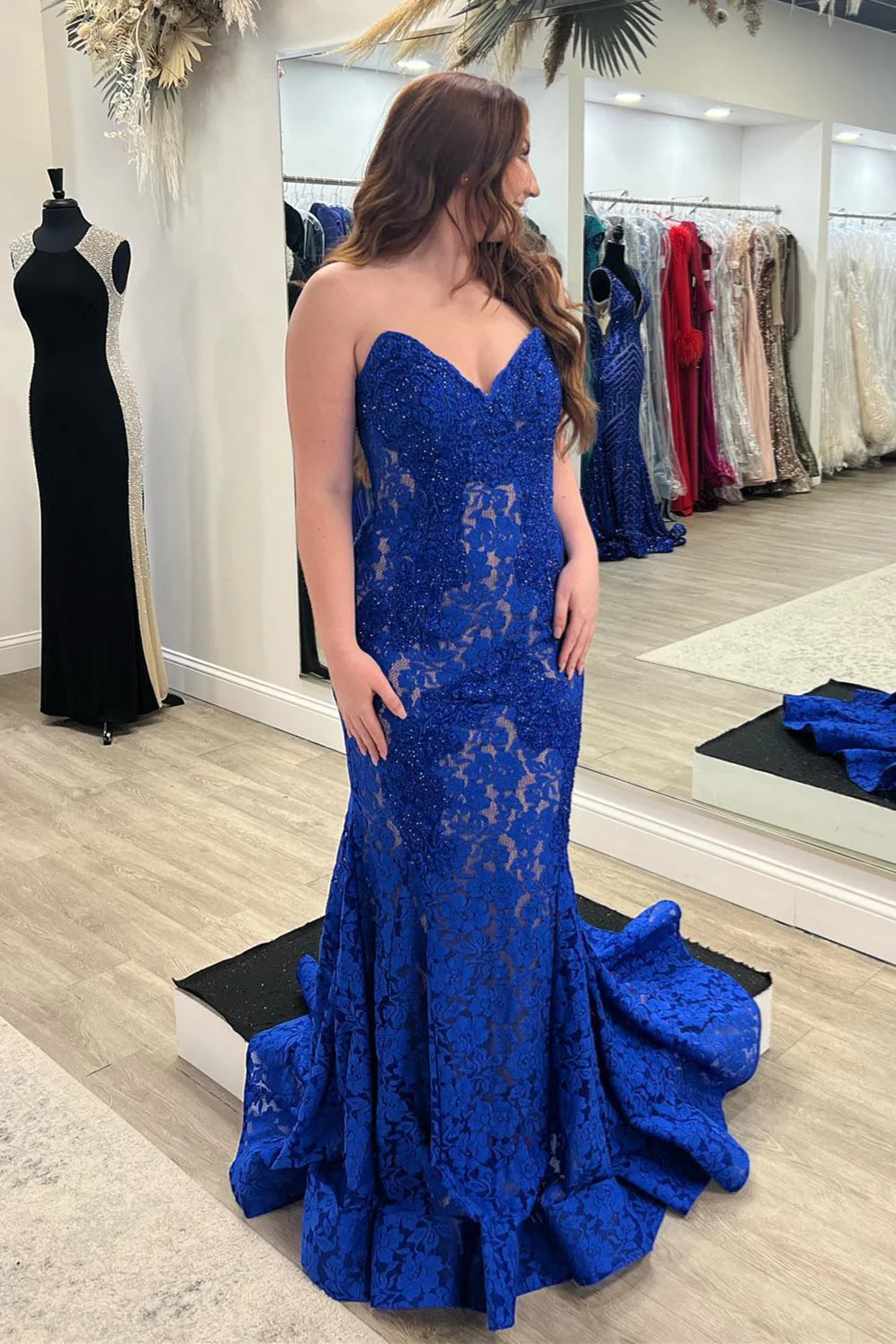 Sheath Royal Blue Lace Sweep/Brush Train Dresses Strapless Beaded Mermaid Long Prom Dress