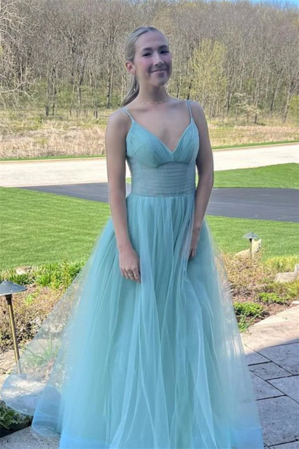 Floor Length  Tulle Plunging Spaghetti Straps V Neck Long Prom Dress