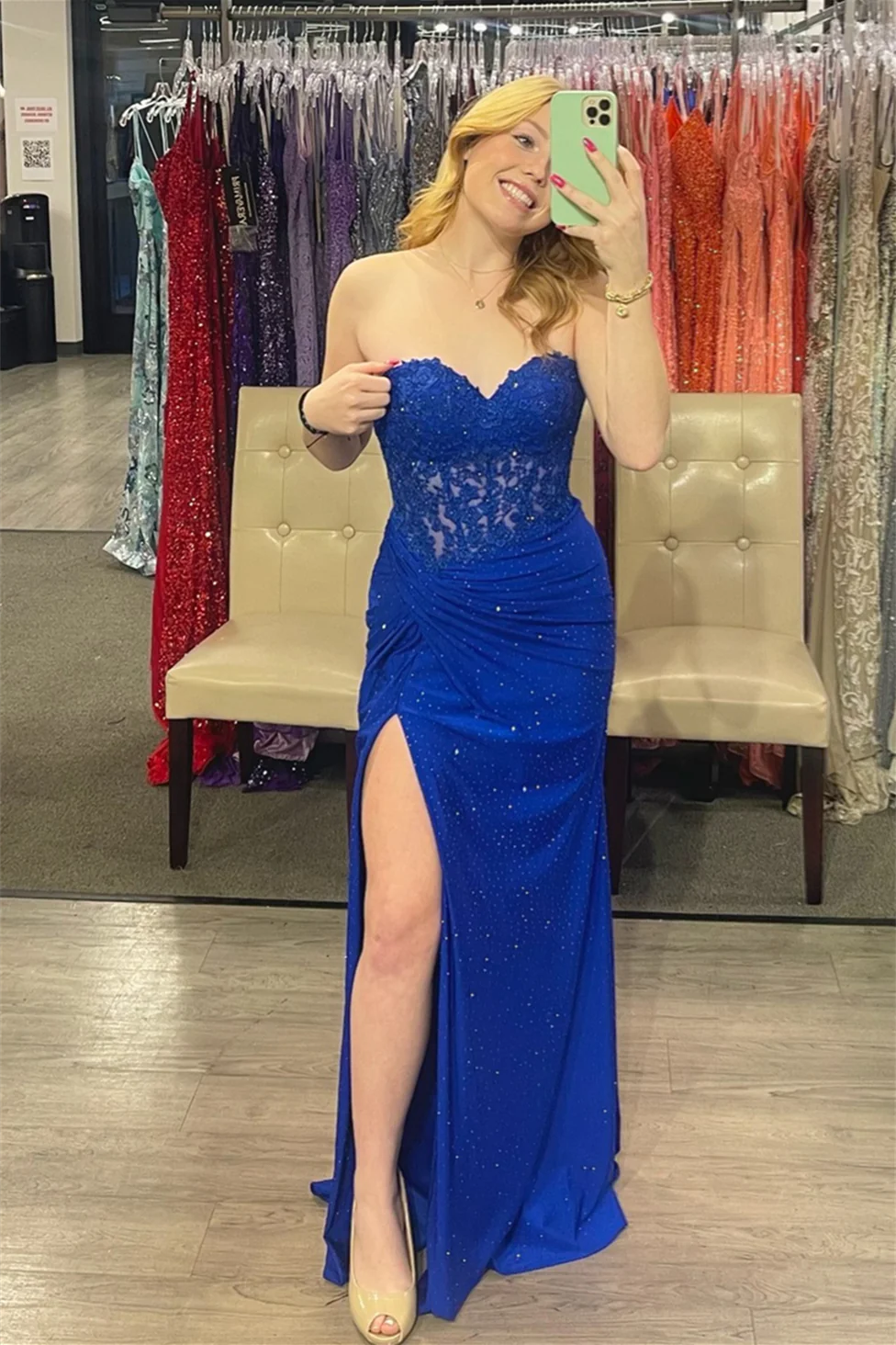 Sheath Royal Blue Sweetheart Beaded Satin Long Prom Dress with Slit