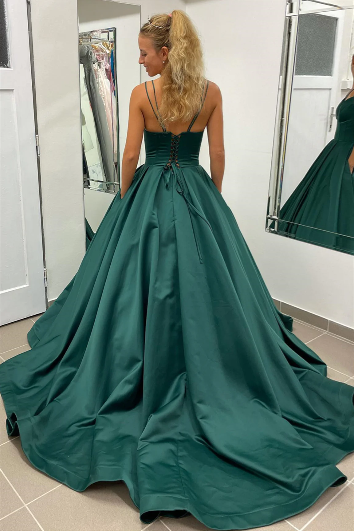 Sweep/Brush Train Dresses Hunter Green Deep V-Neck Straps A-line Long Prom Dress