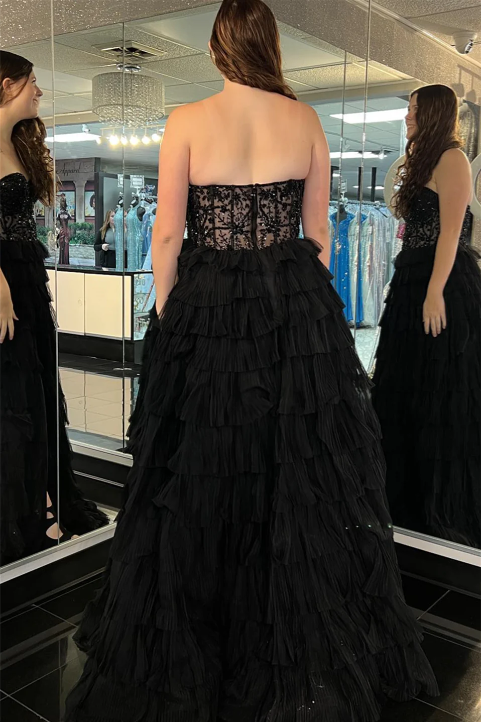 Sweep/Brush Train Dresses Black Tulle Strapless Beaded Multi-Layers Long Prom Dress with Slit