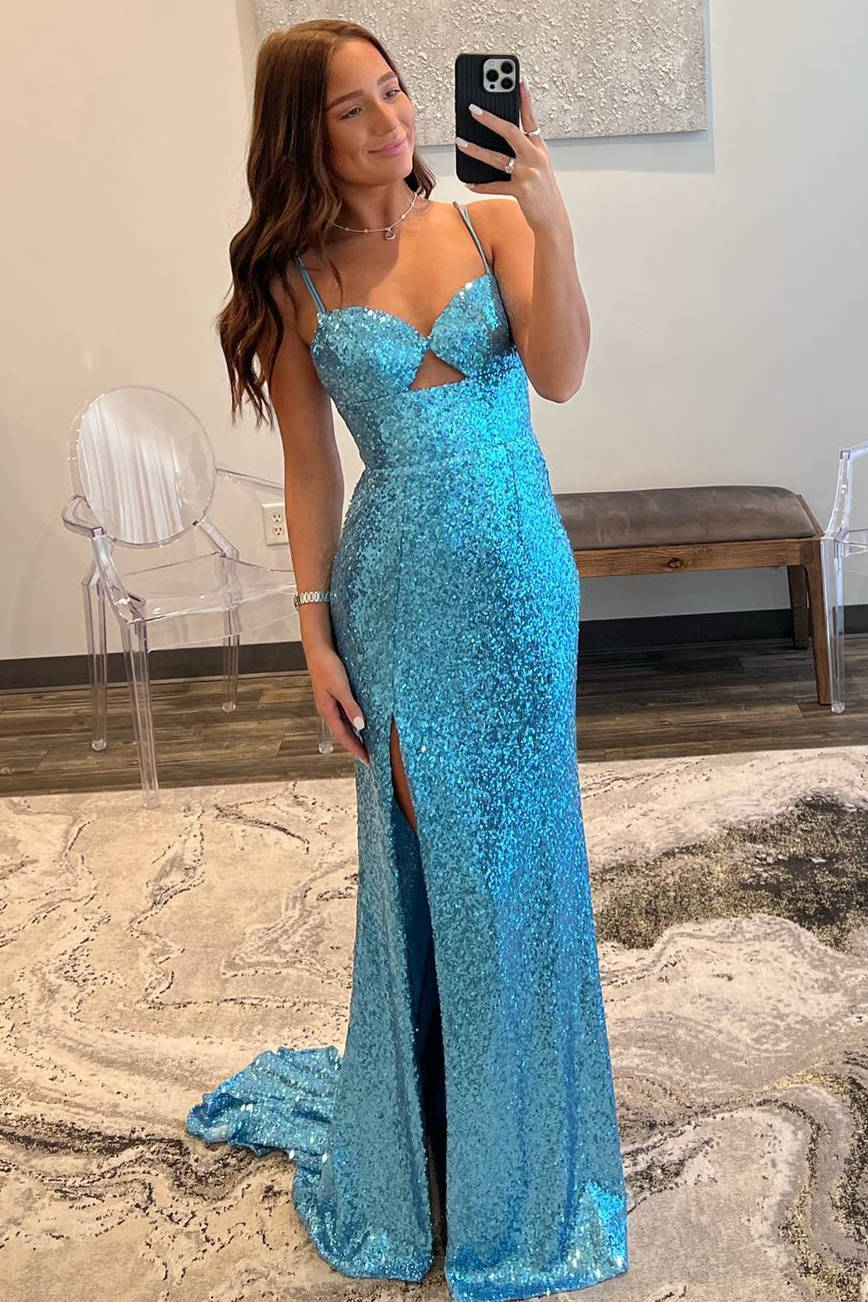 Sweep/Brush Train Dresses Double Straps Light Blue Cut out Sequin Long Prom Dress