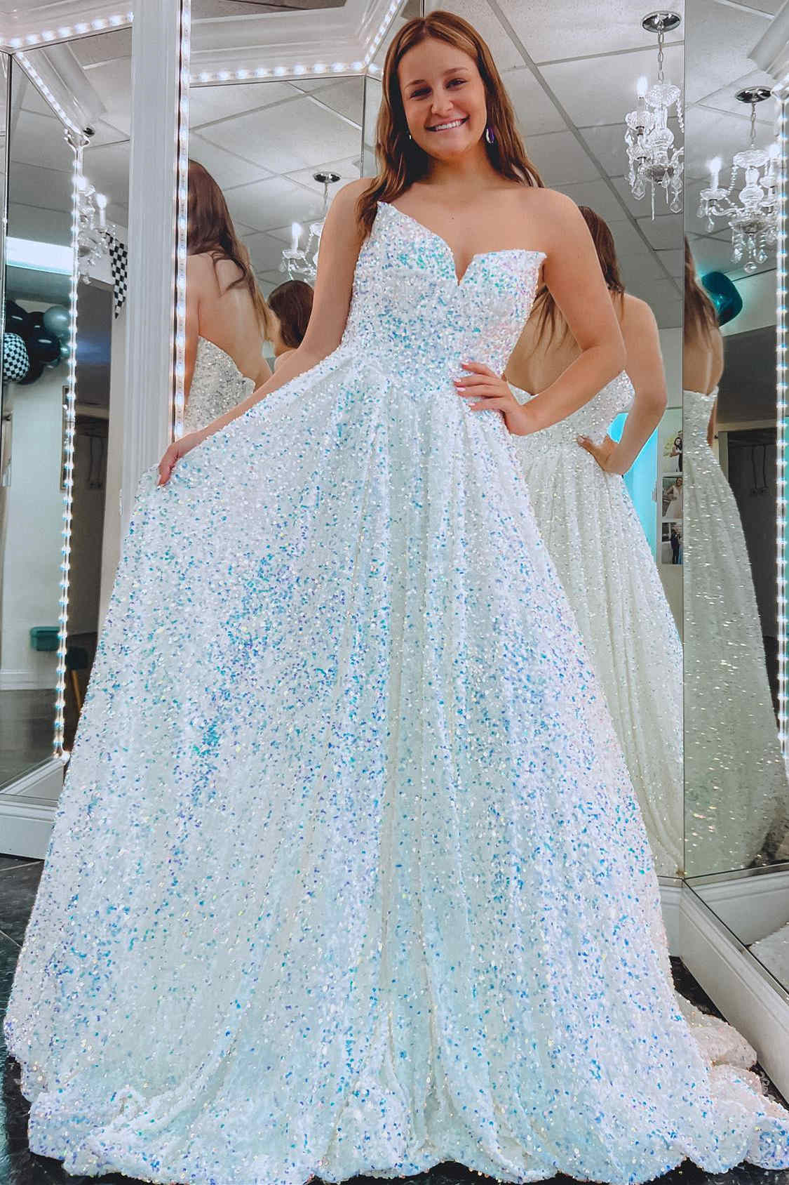Sweep/Brush Train Dresses Strapless Iridescent White Sequin A-Line Long Prom Dress