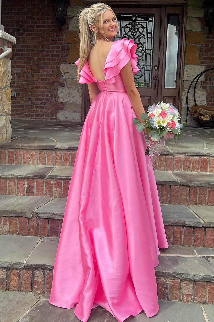 A-Line Sweep/Brush Train Dresses Hot Pink V-Neck Ruffle Long Prom Dress