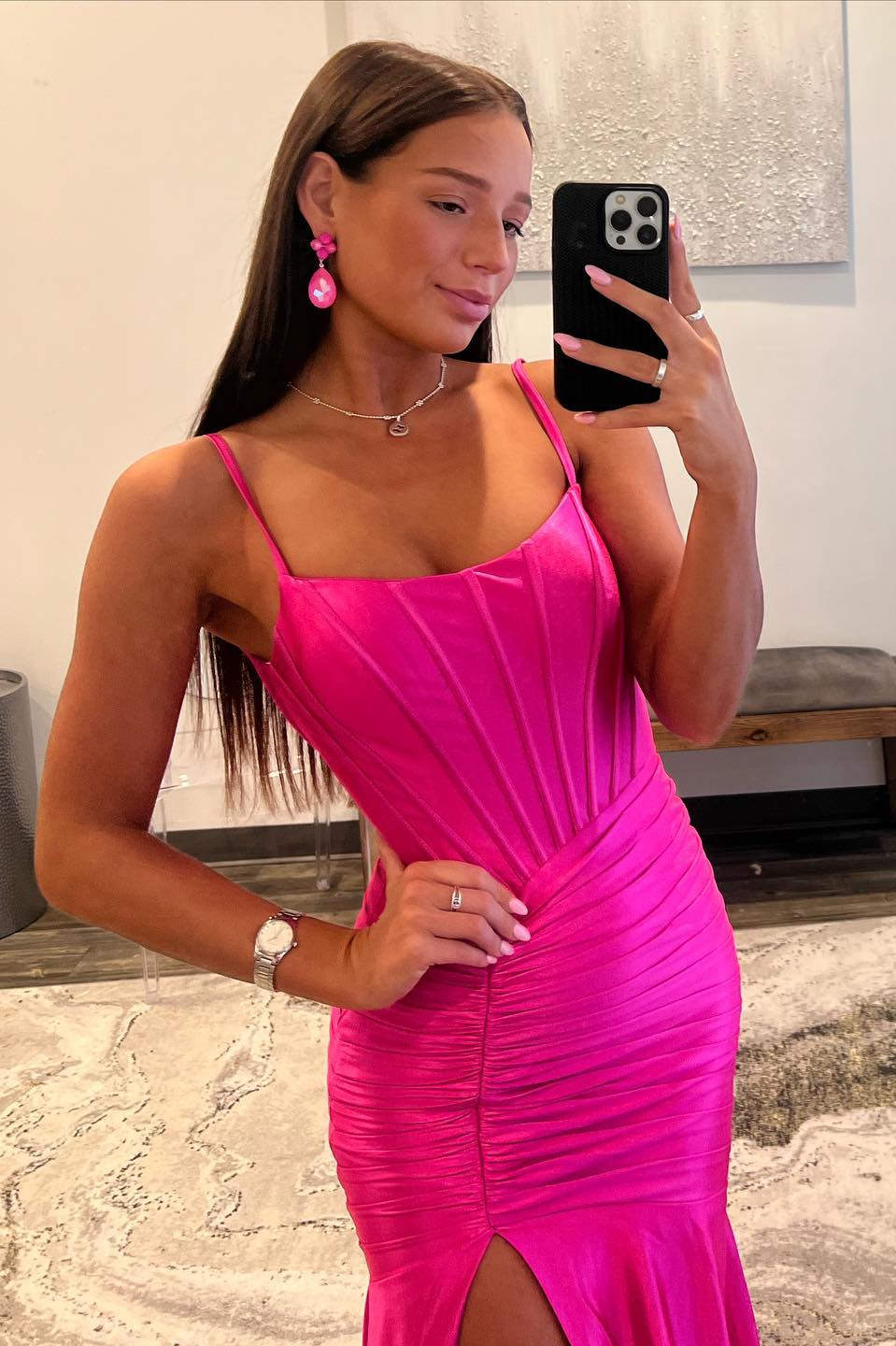 Sheath Mermaid Spaghetti Straps V Neck Sweep/Brush Train Dresses Pleated Satin Prom Dress