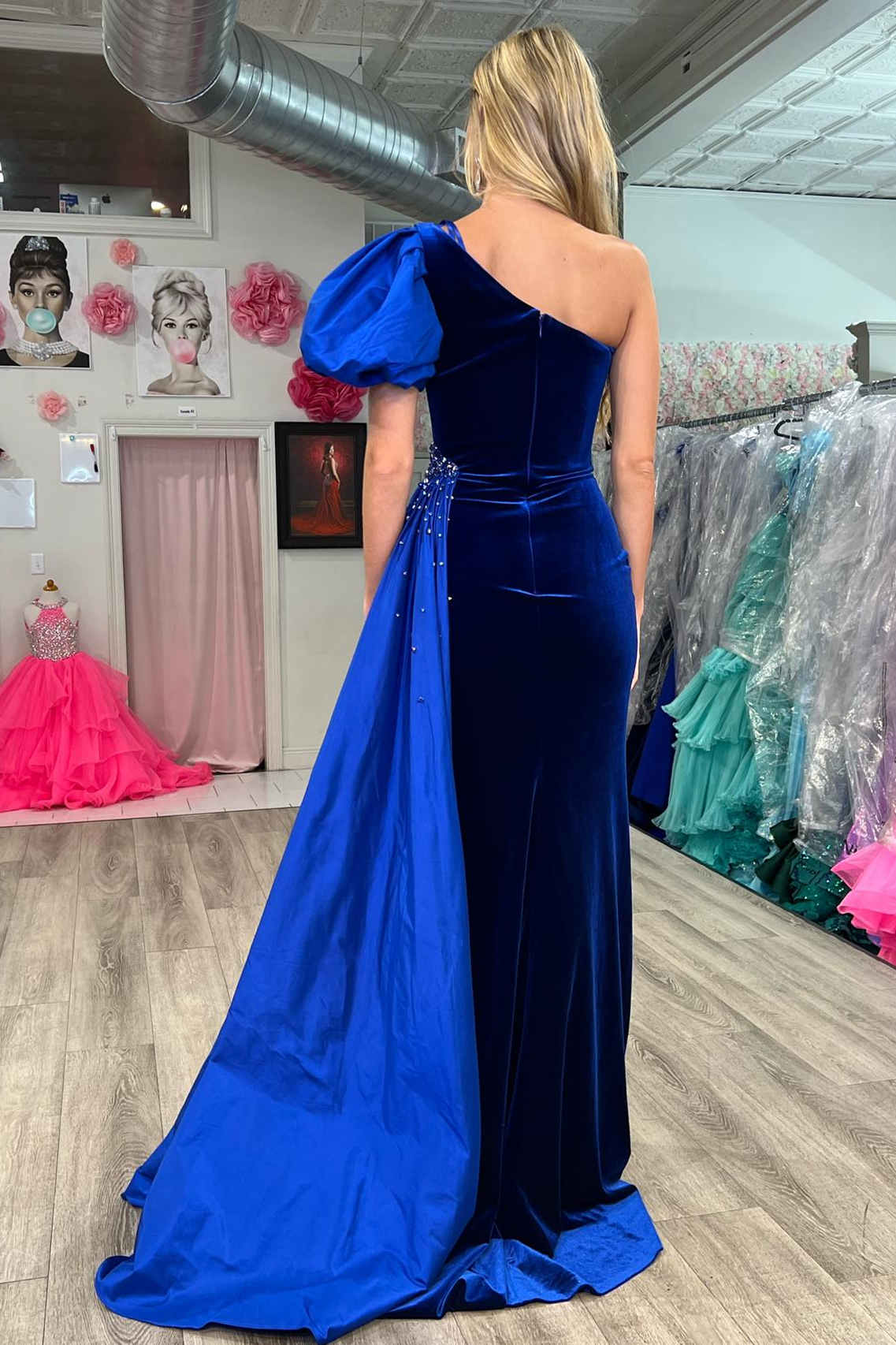 Sheath  Mermaid  Royal Blue One Shoulder Balloon Sleeve Prom Dress with Cape