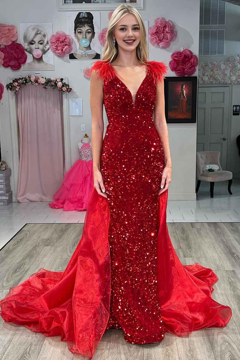 Sheath Column V-Neck Red Shine Sparkly Sequin Feathers Long Prom Dress with Cape