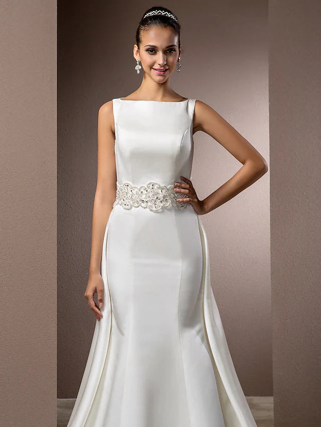 Wedding Dresses Bateau Neck Cathedral Train Satin Regular Straps Vintage Inspired with Beading