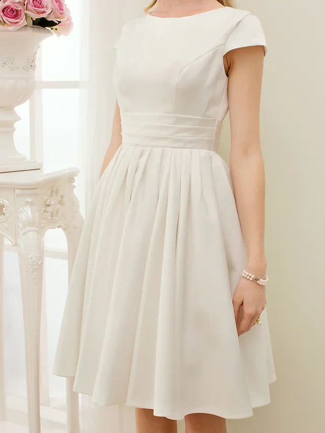 A-Line Wedding Dresses Jewel Neck Knee Length Satin Short Sleeve Formal Simple Casual Little White Dress with Sash Ribbon