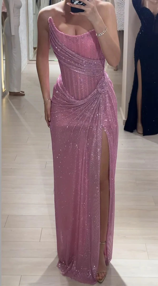 Fashion Sheath Strapless Sleeveless Long Formal Prom Dress Shiny Evening Party Gowns Sexy Birthday Outfits With Slit