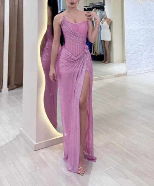 Fashion Sheath Strapless Sleeveless Long Formal Prom Dress Shiny Evening Party Gowns Sexy Birthday Outfits With Slit