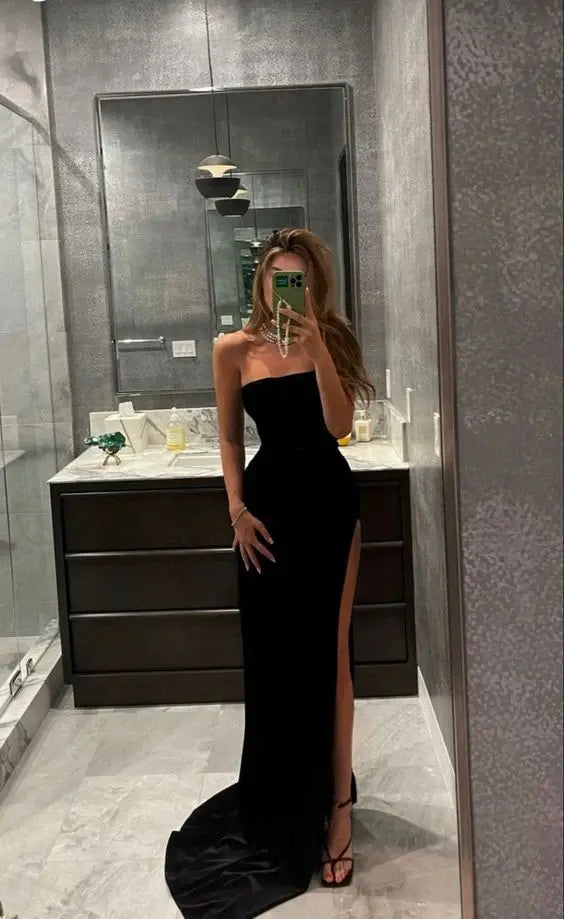 Fashion Black Strapless Sleeveless Long Formal Prom Dress With Slit Sexy Party Evening Gowns Simple Graduation Dress