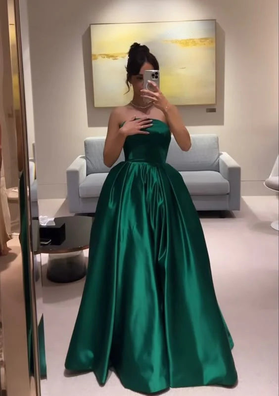Fashion Green A Line Strapless Long Formal Prom Dress Elegant Evening Party Gowns Simple Wedding Guest Dress