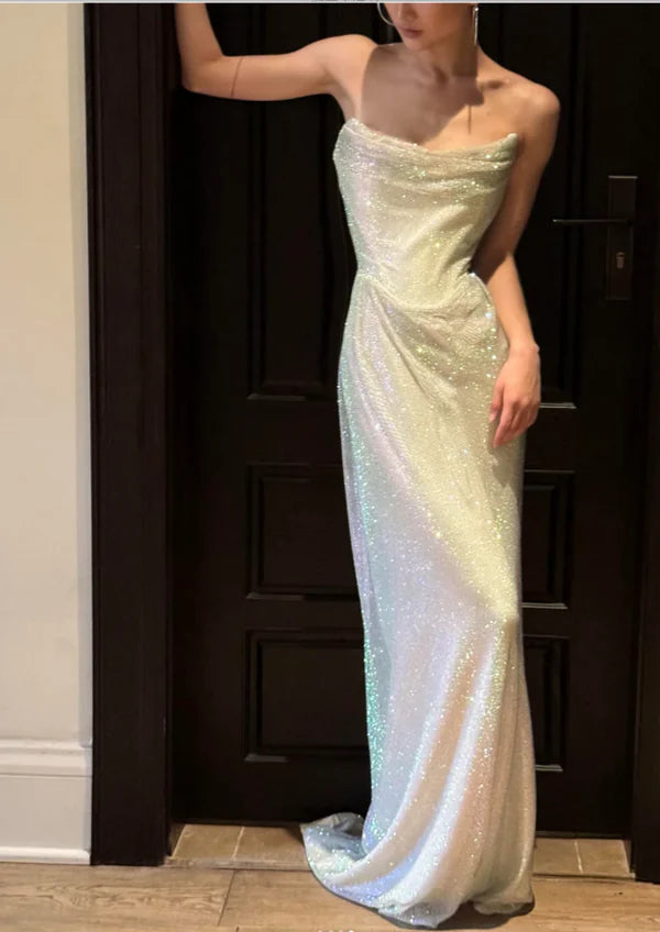 Fashion Strapless Long Formal Prom Dress Shiny Sleeveless Evening Party Gowns Sexy Birthday Outfits