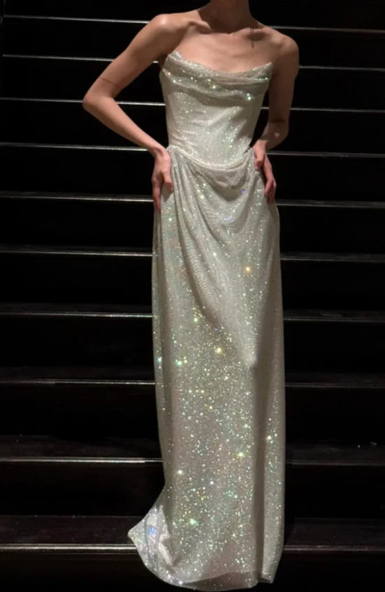 Fashion Strapless Long Formal Prom Dress Shiny Sleeveless Evening Party Gowns Sexy Birthday Outfits