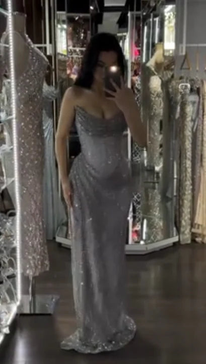 Fashion Strapless Sleeveless Long Formal Prom Dress Shiny Evening Party Gowns Sexy Wedding Guest Dress