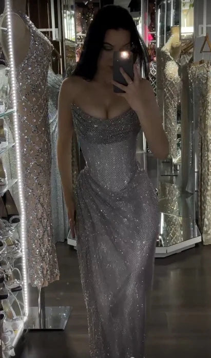 Fashion Strapless Sleeveless Long Formal Prom Dress Shiny Evening Party Gowns Sexy Wedding Guest Dress