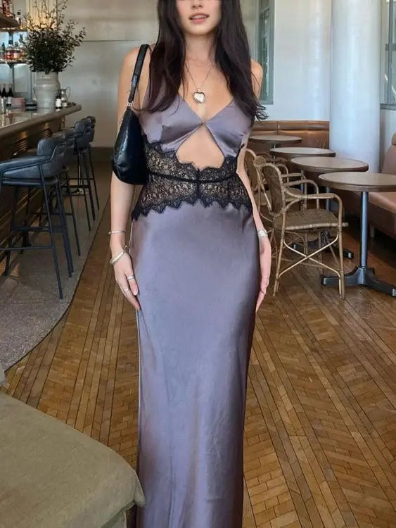 Fashion V-neck Cut Out Sleeveless Satin Lace Long Formal Prom Dress Sexy Party Evening Gowns Charming Vacation Dress