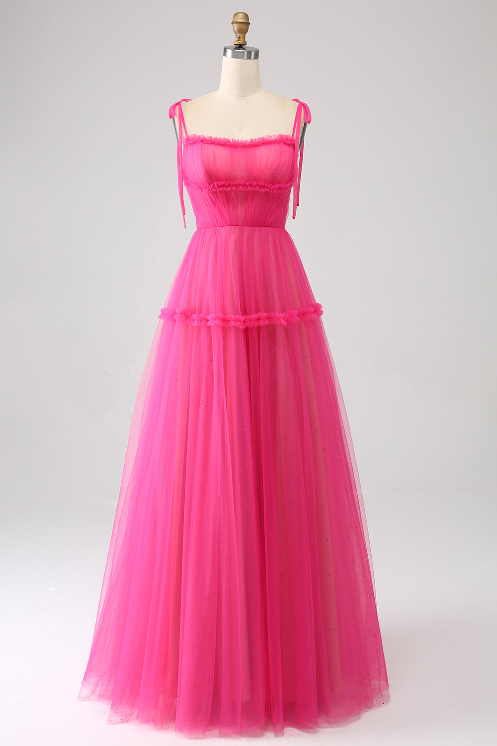 Fuchsia A-Line Ruffled Long Tulle Prom Dress Beautiful