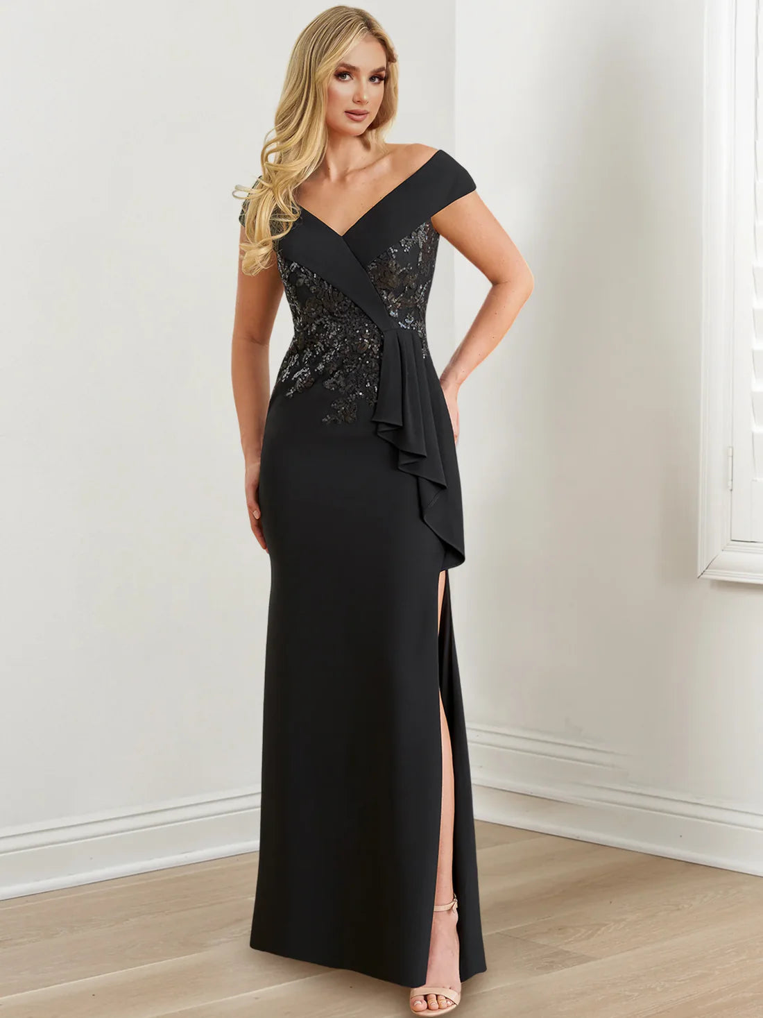 Body/pillar V-neck to ground length mother of the bride dresses With Slit