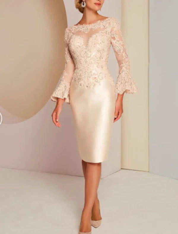 Sheath / Column Mother of the Bride Dress Wedding Guest Elegant Vintage Luxurious Jewel Neck Knee Length Satin Lace Long Sleeve with Beading Appliques Champagne