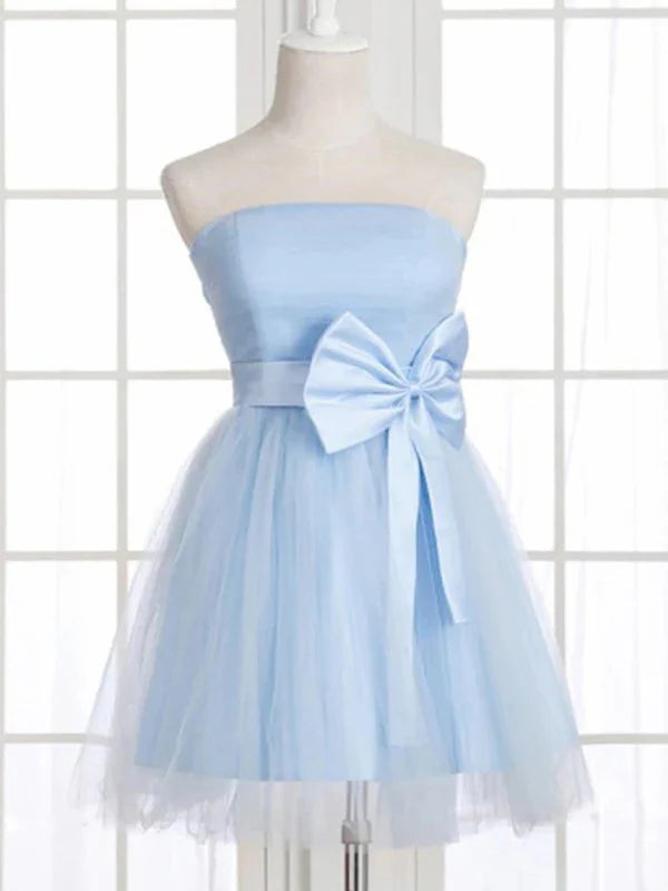 A-line skirt princess sheer bow sleeveless short Homecoming Dress Light Blue
