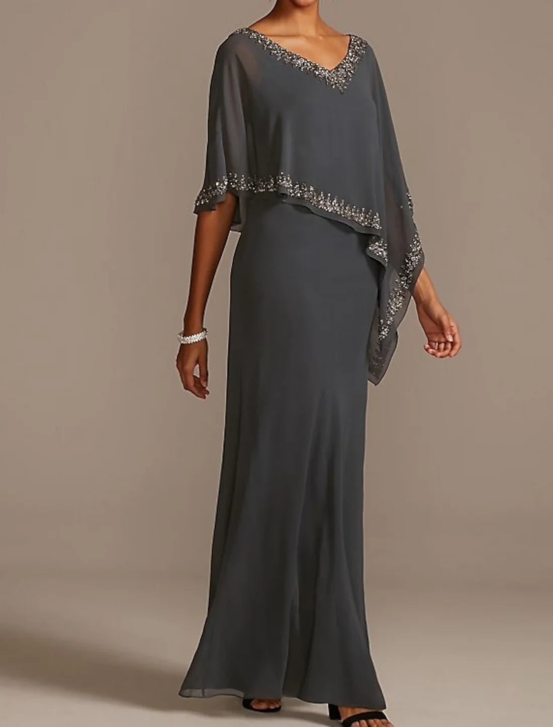 Sheath Mother of the Bride Dress Cape Dress Wedding Guest Elegant V Neck Floor Length Chiffon Half Sleeve with Beading Charcoal Grey