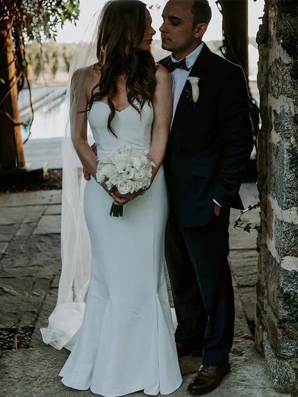 Sheath/Column Sweetheart Sleeveless Sweep/Brush Train Ruffles Satin Wedding Dresses Off Shoulder