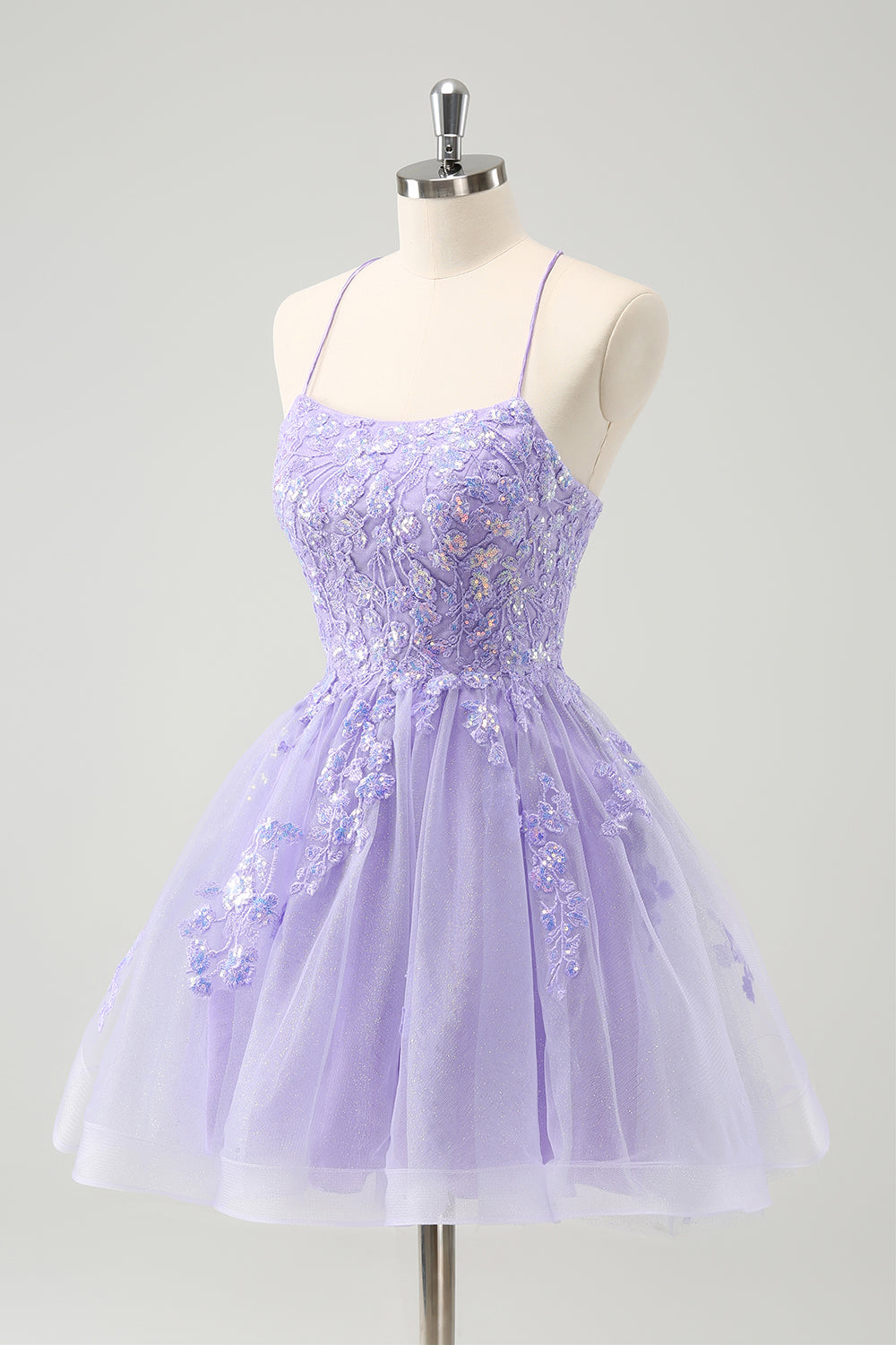 Sparkly Lilac A Line Spaghetti Straps Sequin Homecoming Dress with Lace Up Back Short Prom Dress