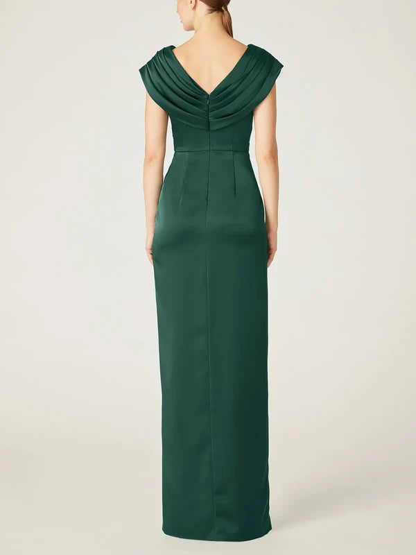 Slim fit/column V-neck sleeveless and ground length ruffled edge mother of the bride dresses With Slit