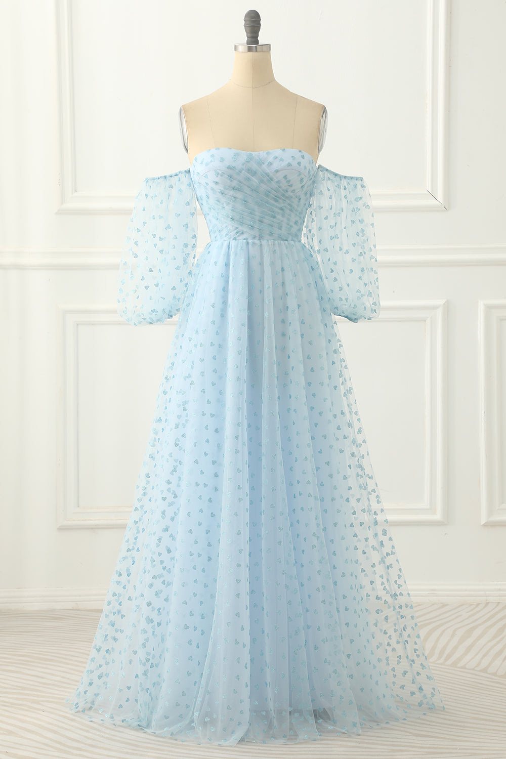 Sky Blue Tulle Off The Shoulder Long Prom Dress Floor Length Beautiful