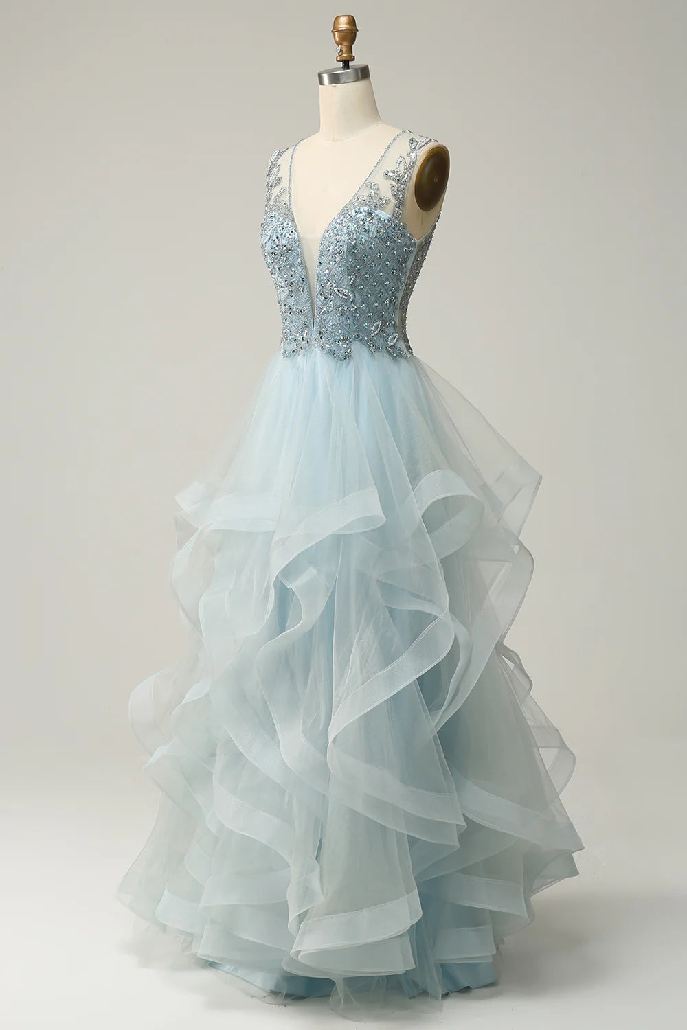 A Line Low V Neck Tulle Layers Long Prom Dress with Appliques Beautiful