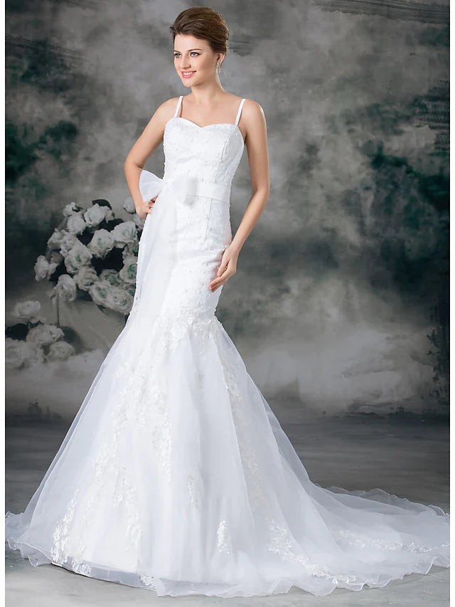 Wedding Dresses Sweetheart Neckline Chapel Train Lace Organza Satin Spaghetti Strap with Sashes Ribbons Bow(s) Beading