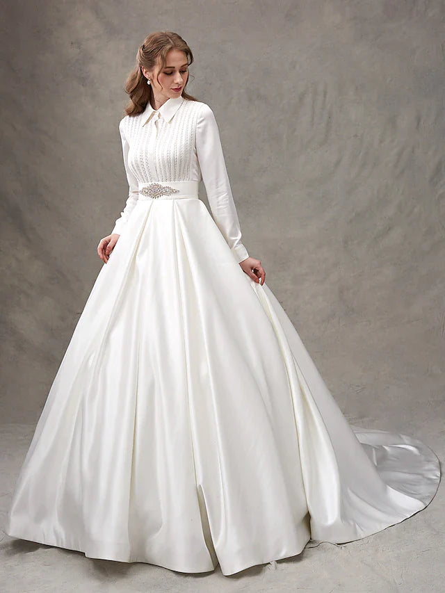 Ball Gown Wedding Dresses High Neck Satin Long Sleeve Glamorous Sparkle & Shine with Bowknot Sash Ribbon Beading