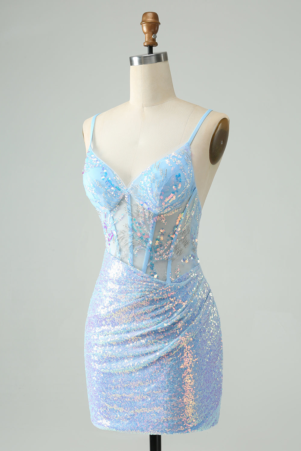 Glitter Light Blue Tight Spaghetti Straps Short Homecoming Dress with Sequins Sparkly Prom Dress