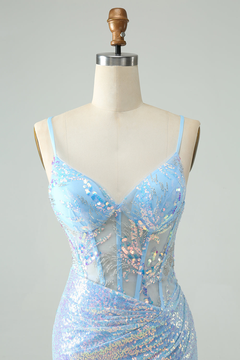 Glitter Light Blue Tight Spaghetti Straps Short Homecoming Dress with Sequins Sparkly Prom Dress