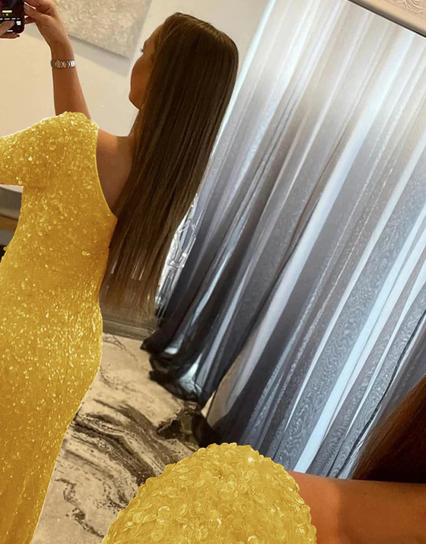 Sheath One Shoulder Sequins Prom Dress With Slit