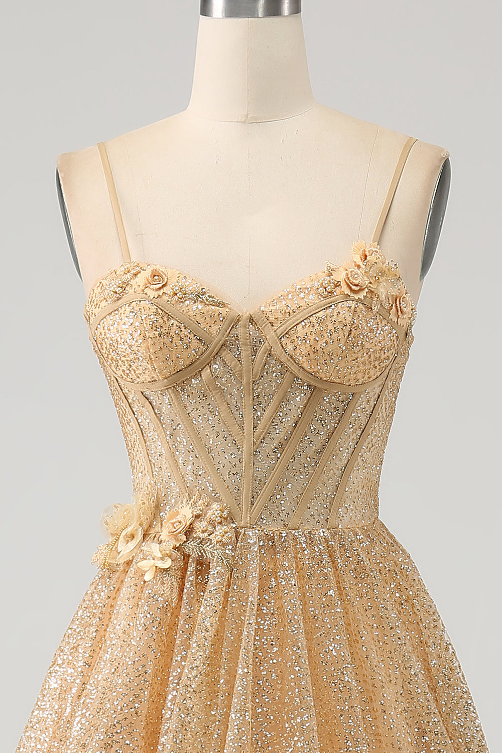 Glitter Golden Corset Long Prom Dress with Flowers Sparkly