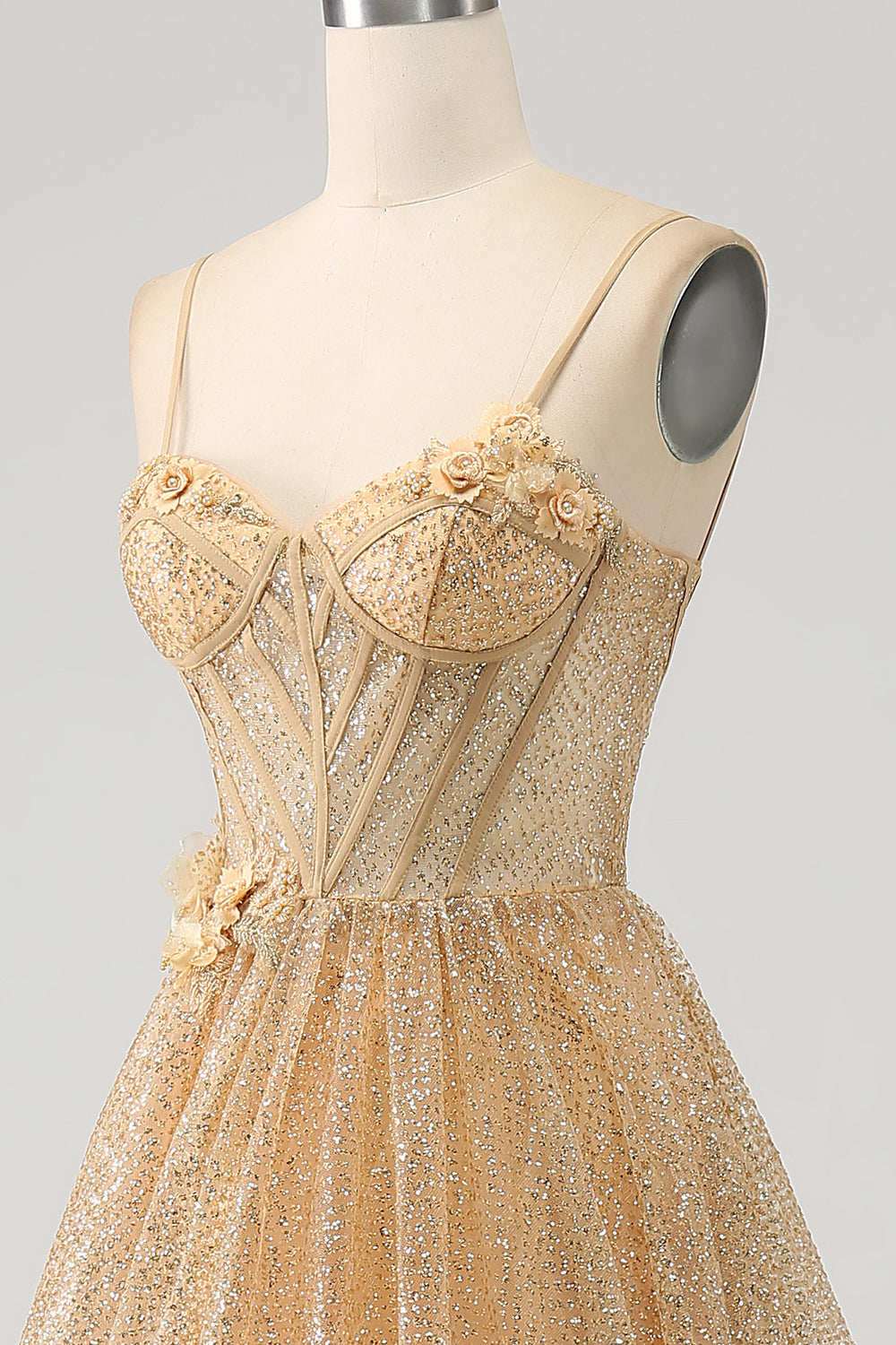 Glitter Golden Corset Long Prom Dress with Flowers Sparkly