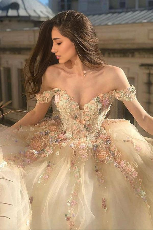 A-Line Sweep/Brush Train Dresses Gorgeous Dress Off Shoulder Champagne Lace Floral Prom Dress Formal Dress