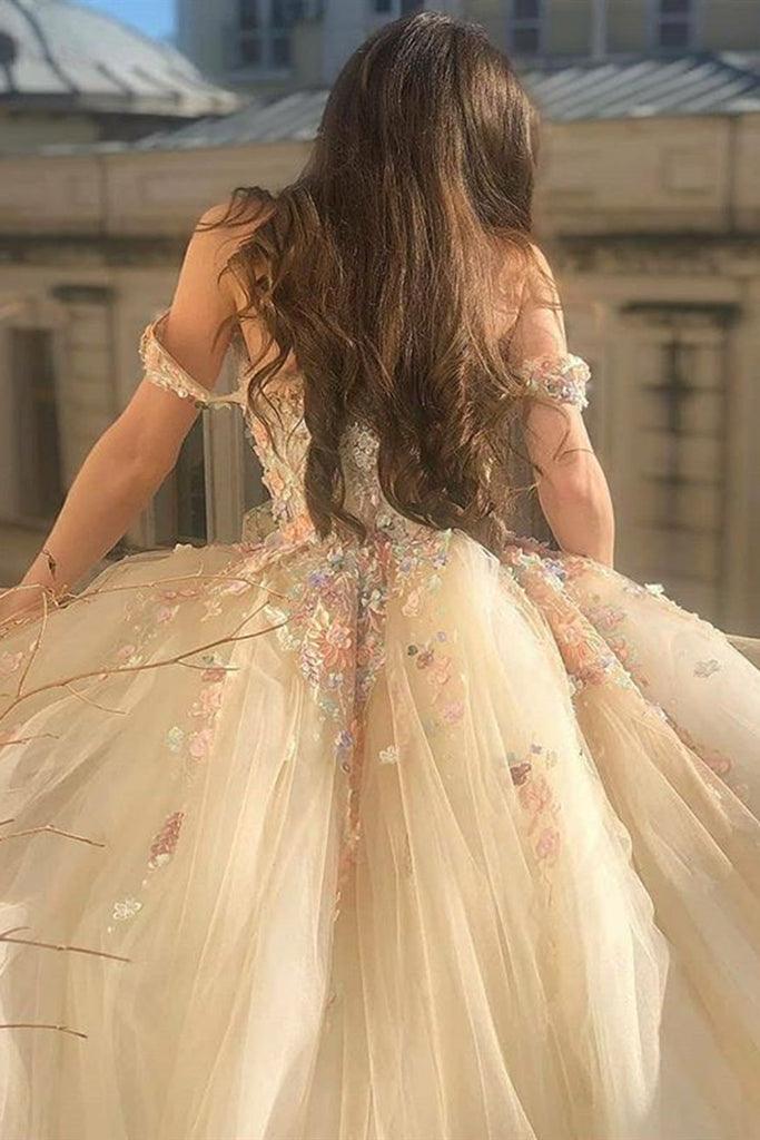 A-Line Sweep/Brush Train Dresses Gorgeous Dress Off Shoulder Champagne Lace Floral Prom Dress Formal Dress