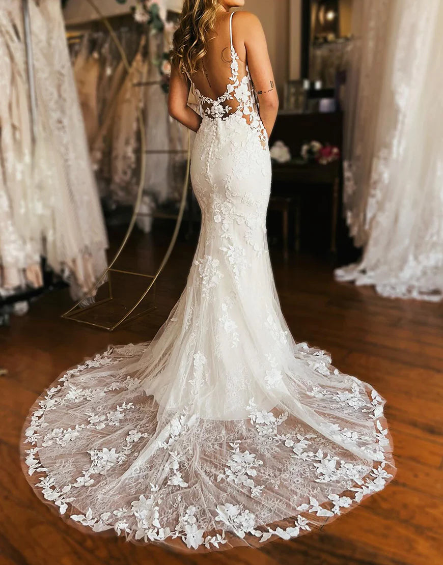 Gorgeous Mermaid Sleeveless Long Wedding Dress with Appliques Charming Bridal Gown