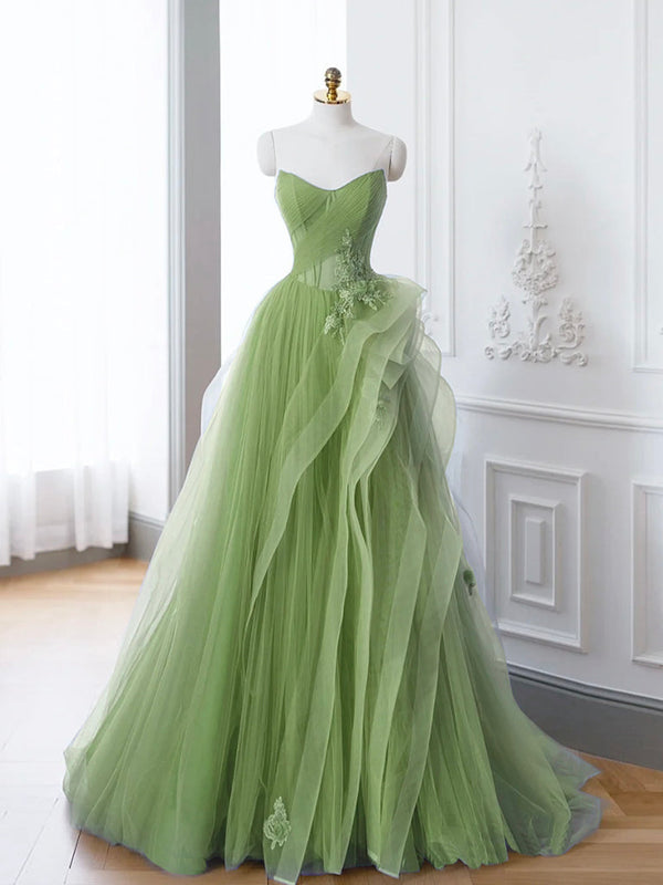 Green A-Line Off Shoulder Long Prom Dress Lace Long Evening Dress Beautiful